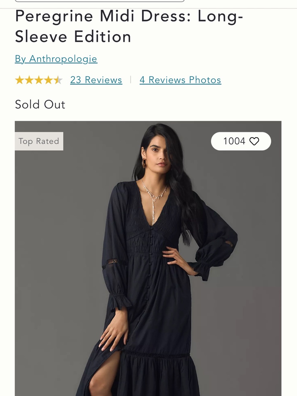 Anthropologie Black Long-Sleeve Midi Dress with Button Front